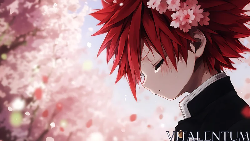 Melancholic red haired student amid drifting sakura petals.