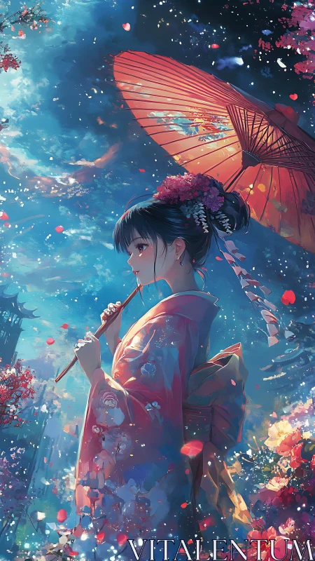 Kimono girl stands beneath starlit sky of drifting petals