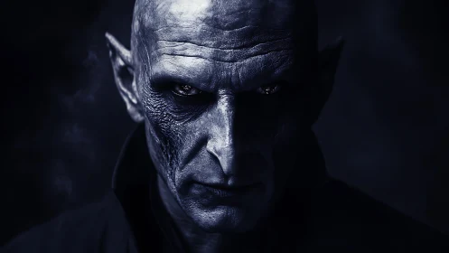 Monochrome close-up of bald humanoid with textured skin.
