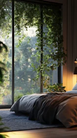 Sunlit bedroom retreat with lush window vines and softness.