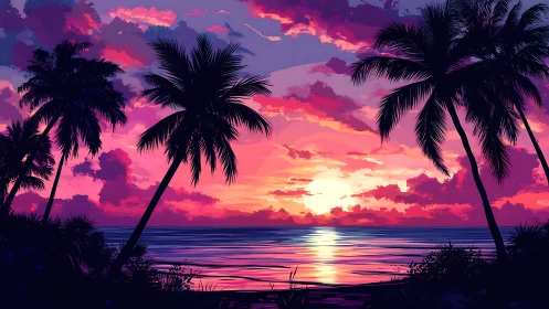 Vibrant tropical sunset with silhouetted palm trees over sea.