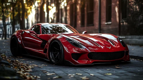 Crimson supercar prowls a leaf-strewn cityside boulevard.