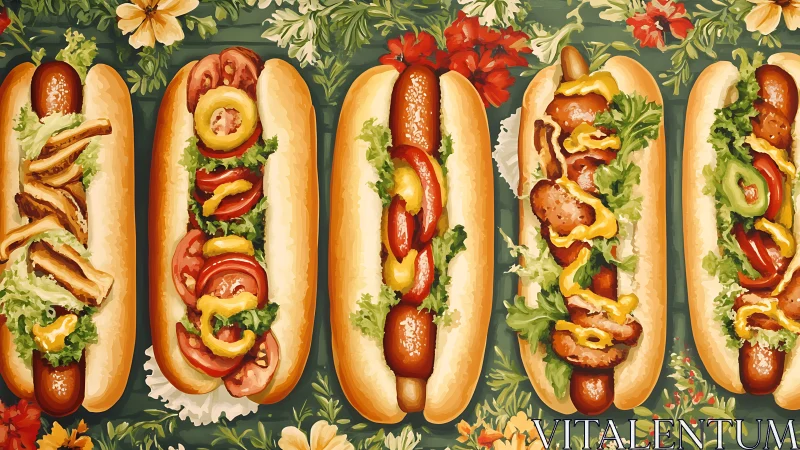 Row of colorful gourmet hot dogs on floral background.