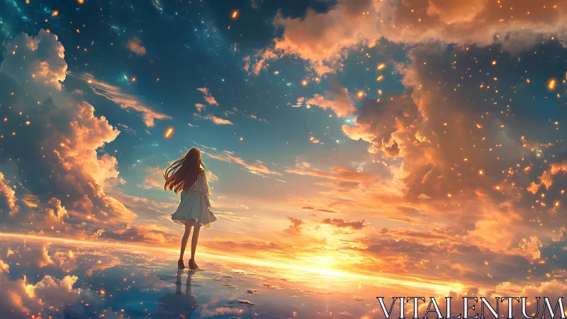 Girl wandering sky-mirror horizon beneath emberlit clouds.