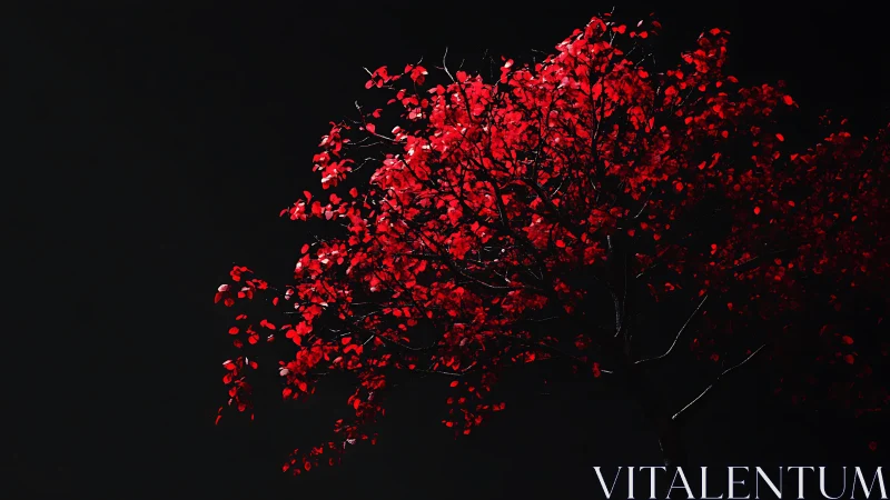 Striking red-leaved tree in darkness, dramatic minimalist style.