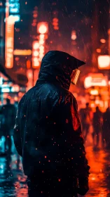 Hooded figure in rainlit urban street with neon signage.