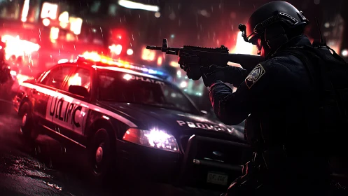 Night raid standoff with tactical police under neon rain.