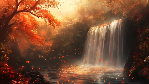 Autumn waterfall in warm light over tranquil forest pool.