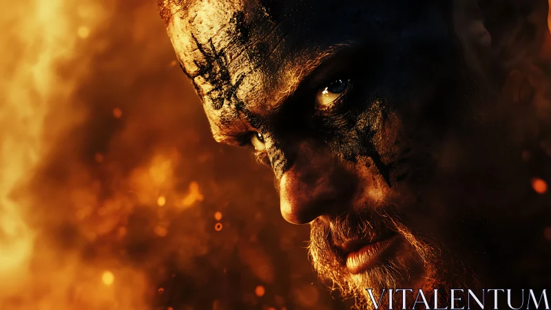 Cinematic warrior close-up in ember-lit, high-contrast profile