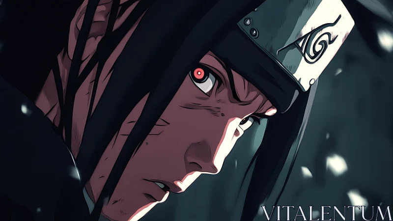 Close profile view of anime ninja with headband and red eye.