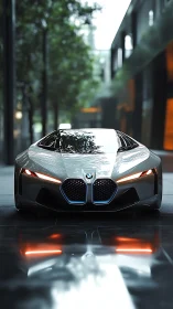 Front view of silver BMW concept car in urban setting.