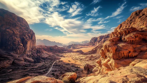 Desert canyon valley with rocky cliffs under bright sky.