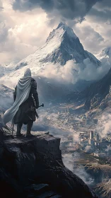 Cloaked adventurer overlooks alpine fortress city in moody light