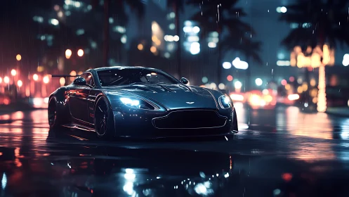 Rain-soaked sports car glides through neon-lit urban boulevard