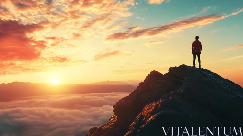 Silhouetted person on mountain ridge above clouds at sunrise.
