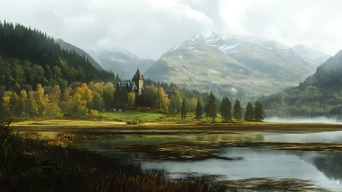Peaceful lakeside castle nestles beneath misty mountain peaks