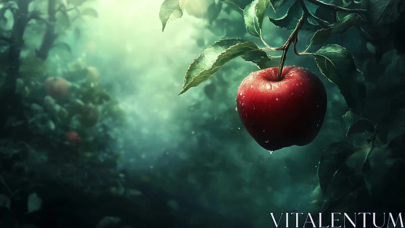 Luminous red apple suspended in misty cinematic orchard.
