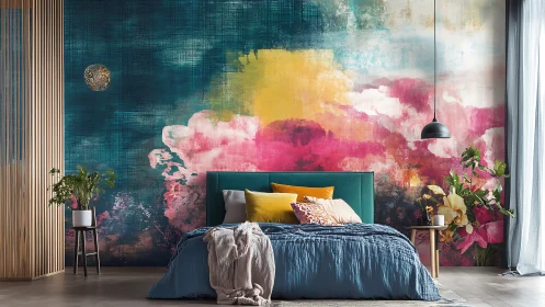 Abstract mural bedroom with teal bed and layered color fields.