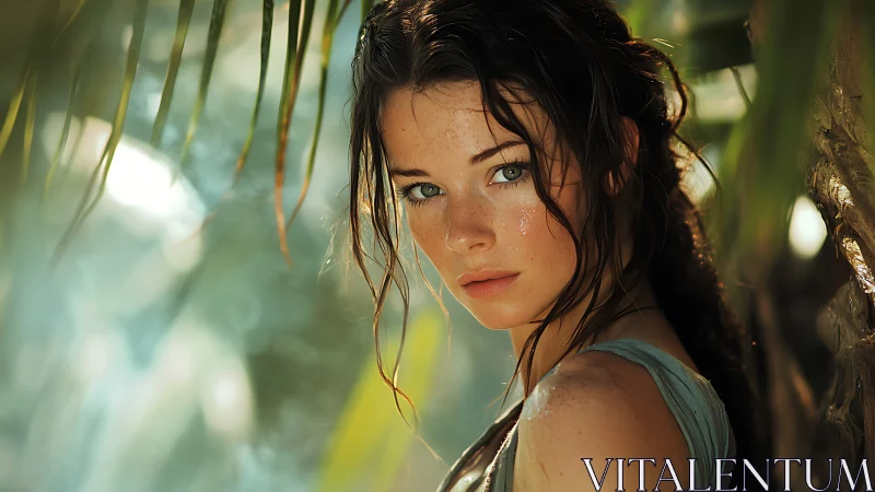 Portrait shows a wet-haired woman in dappled tropical light