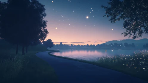 Serene lakeside path glowing softly under dreamy evening sky.