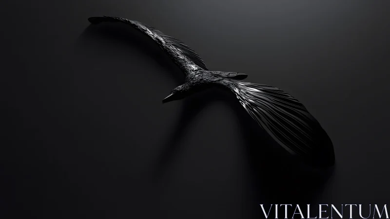 Sleek black bird in flight, minimalist digital art on dark background.