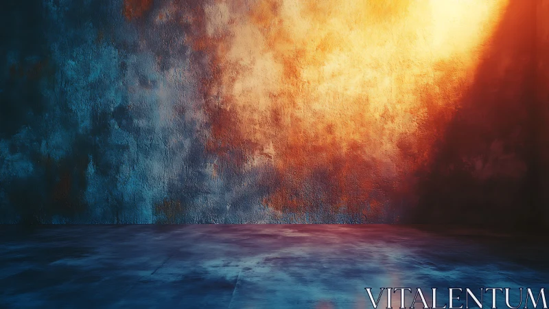 Empty textured room with dramatic blue and orange light wall.