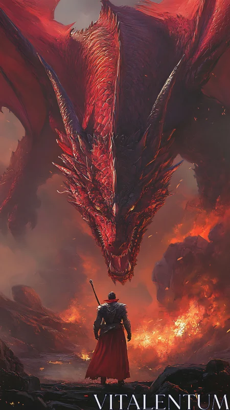 Armored warrior confronts colossal red dragon in molten chasm