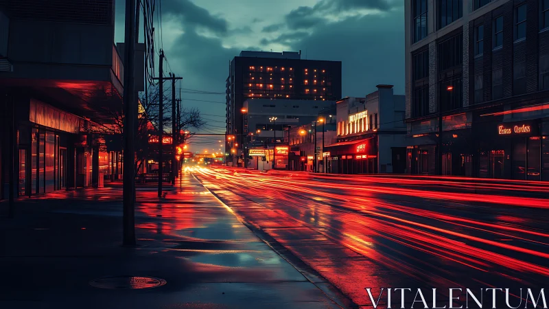 Moody evening city street glowing with soft red light trails.