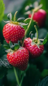 Close view of ripe strawberries growing on green plant.