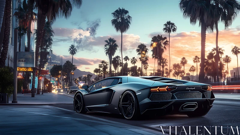 Low sports car on palm-lined urban street at dusk.