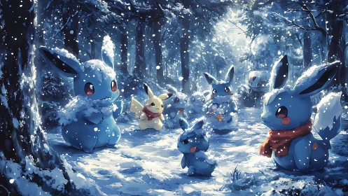 Snow-kissed forest critters staging a moonlit winter festival.