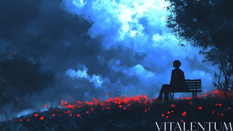 Solitary dreamer stitches silence into a neon twilight sky