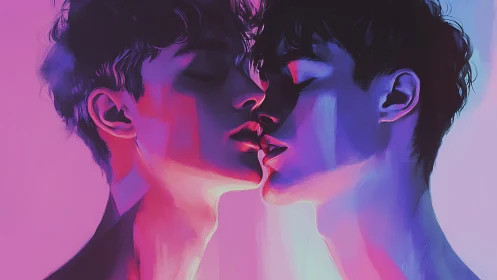 Neon-lit double portrait capturing intimate mirrored kiss.