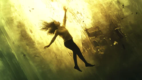 Solitary figure suspended in vertical golden light field.