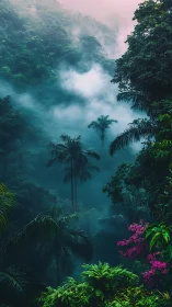 Mist-laced tropical jungle dreams in emerald and rose hush.