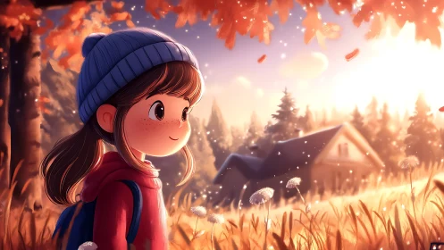 Young girl in autumn field near cozy rural house at sunset.
