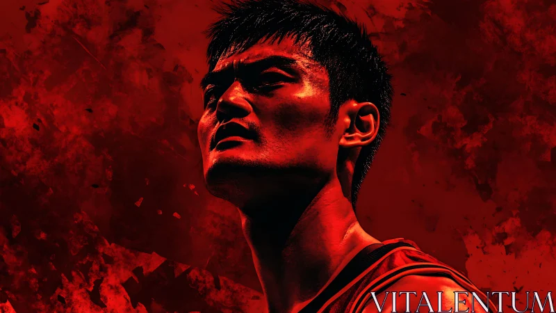 Red-tinted digital portrait of male athlete on abstract ground.