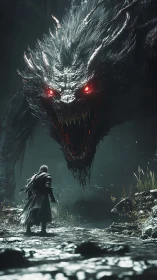 Lone warrior confronting colossal red‑eyed shadow beast.