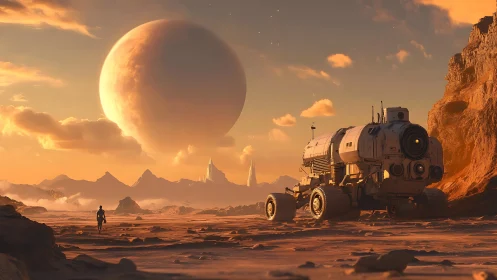 Golden extraterrestrial landscape with rover and giant planet.