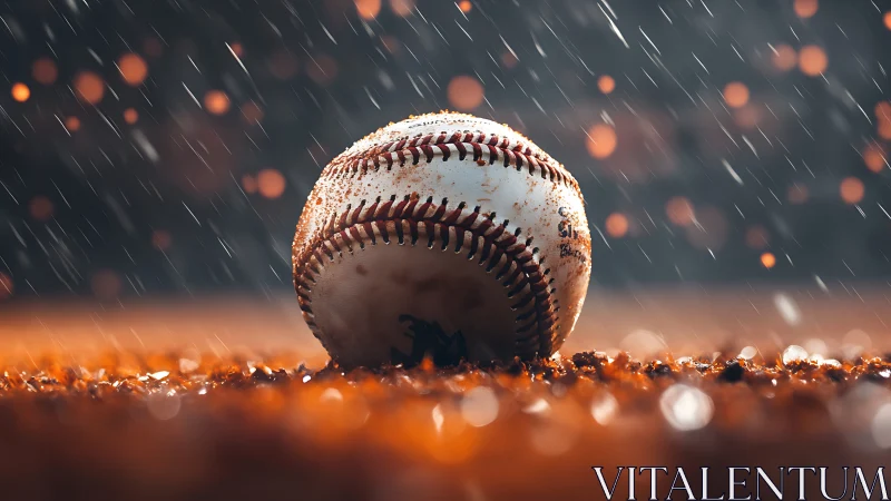 Photorealistic close-up baseball under dramatic stadium rain lighting.