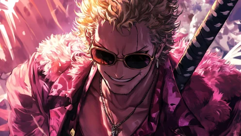 Pink-coated sunglasses wearer with sword and scarred face.