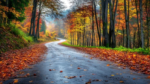 Curving wet forest road under vivid peak autumn foliage.