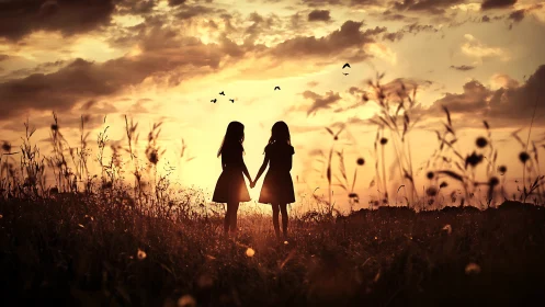 Silhouetted Children Holding Hands in Golden Field.