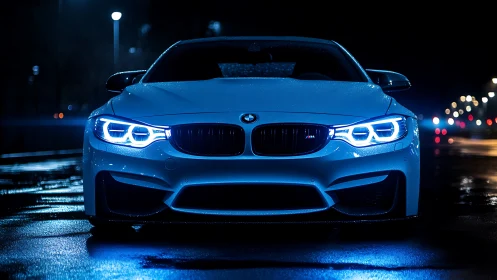 Front-facing performance coupe with bi-xenon optics at night.