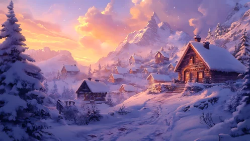 Snowbound mountain village under ember-tinted twilight sky.