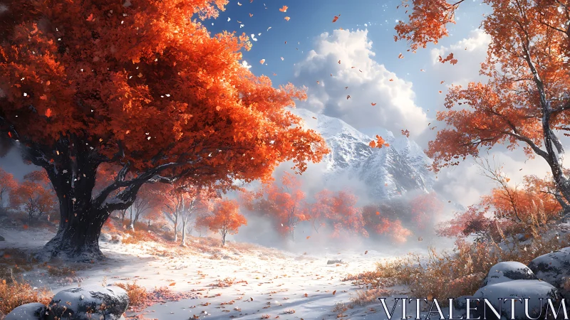 Snow-covered valley shows red autumn trees before mountains