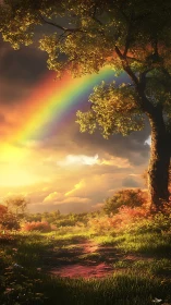 Golden hour meadow landscape with rainbow and backlit tree