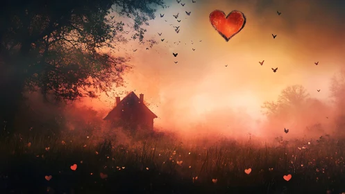 House in Misty Field at Sunset with Red Hearts.