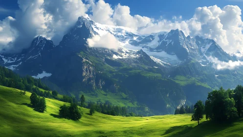 Snow-covered mountain range above illuminated green valley.