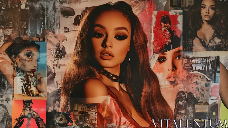 Digital female portrait with layered collage background.